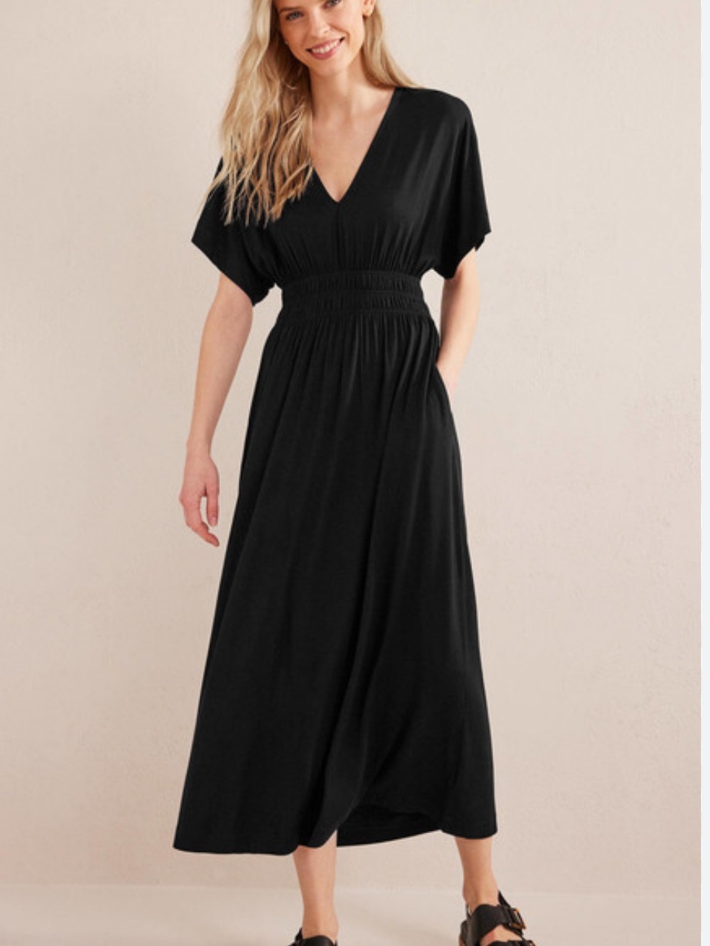 Boden Black V-Neck Smocked Waist Maxi Dress